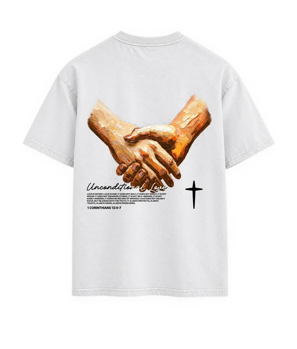 Dos du t-shirt blanc, motif Unconditional Love avec mains et croix
