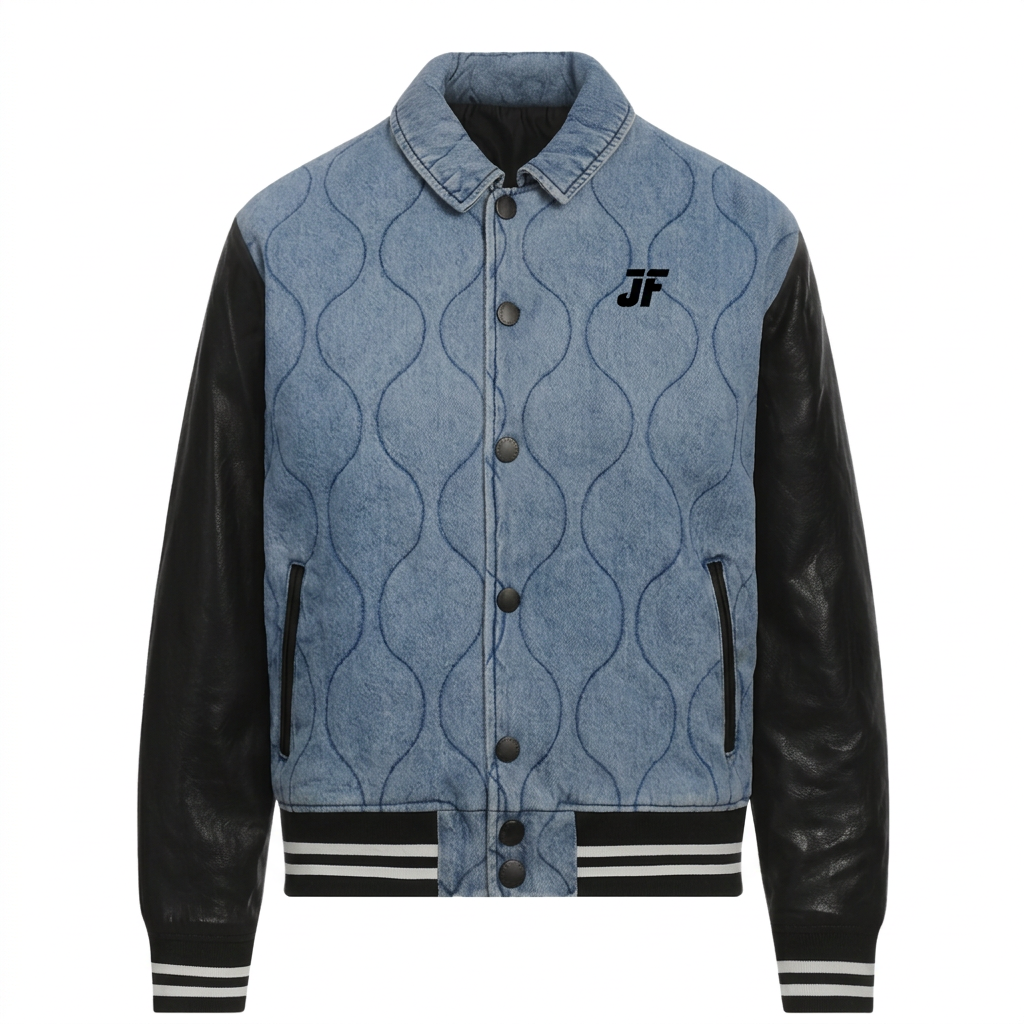 Varsity Denim Jacket FITJEEZ, vue de face sur fond blanc