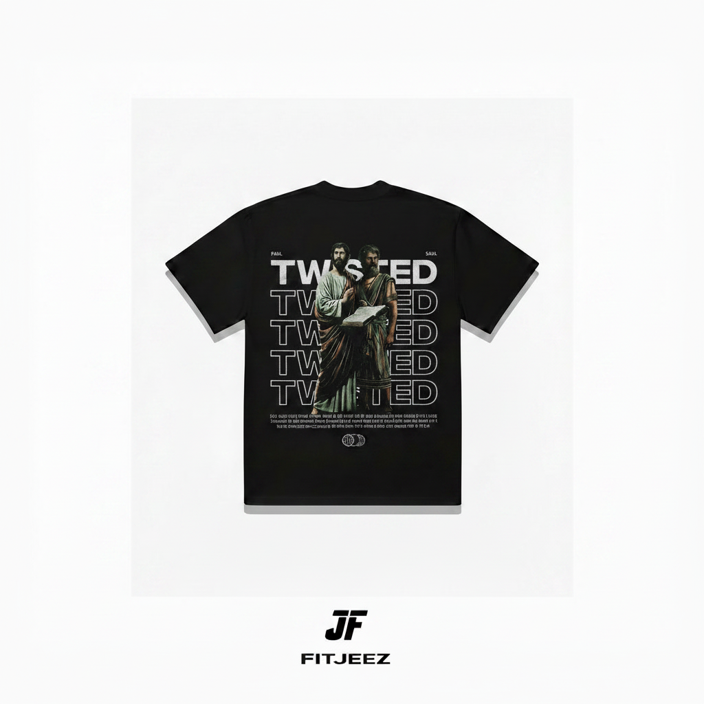 T-shirt Twisted Saul vs Paul FITJEEZ, vue verso carrée avec t-shirt réduit et logo agrandi
