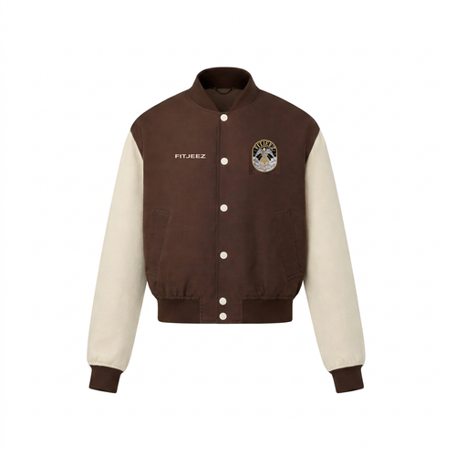 College Jacket FITJEEZ marron et écru, vue de face sur fond blanc