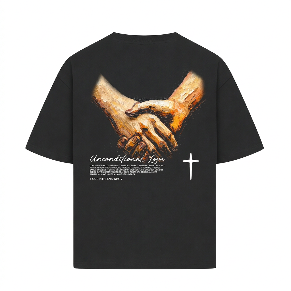 T-shirt FITJEEZ Exploring the Greatest Recto-Verso noir, vue de dos Unconditional Love sur fond blanc